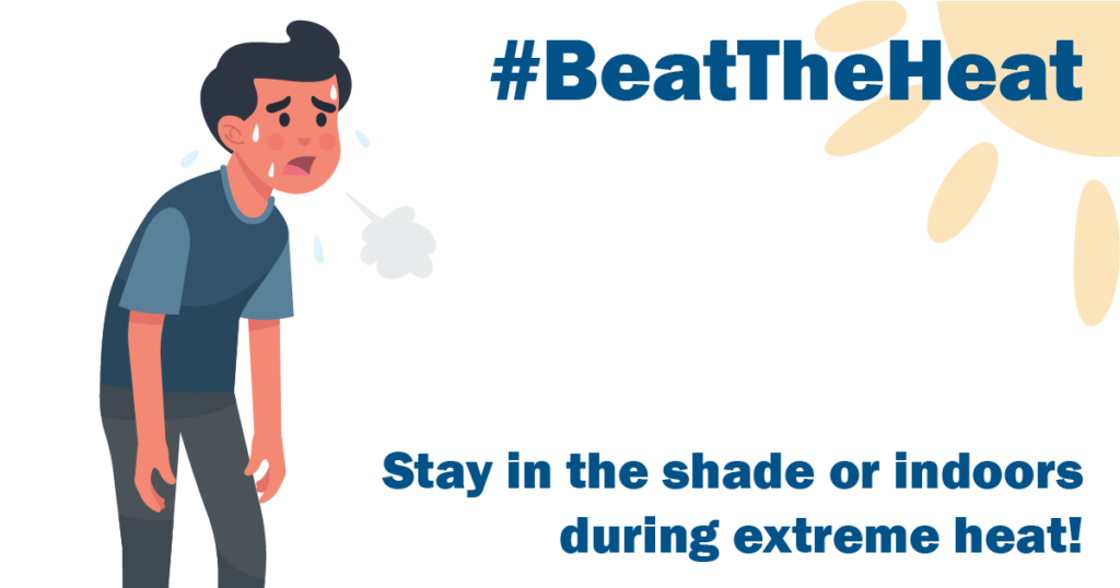Image of Man sweating in the heat - "stay in the shade or indoors during extreme heat!"